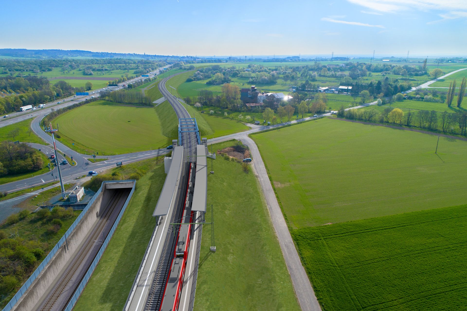 Visualisierung des neuen Haltepunkts an der Landesstraße 3017 im Bereich zwischen Wallau und Delkenheim