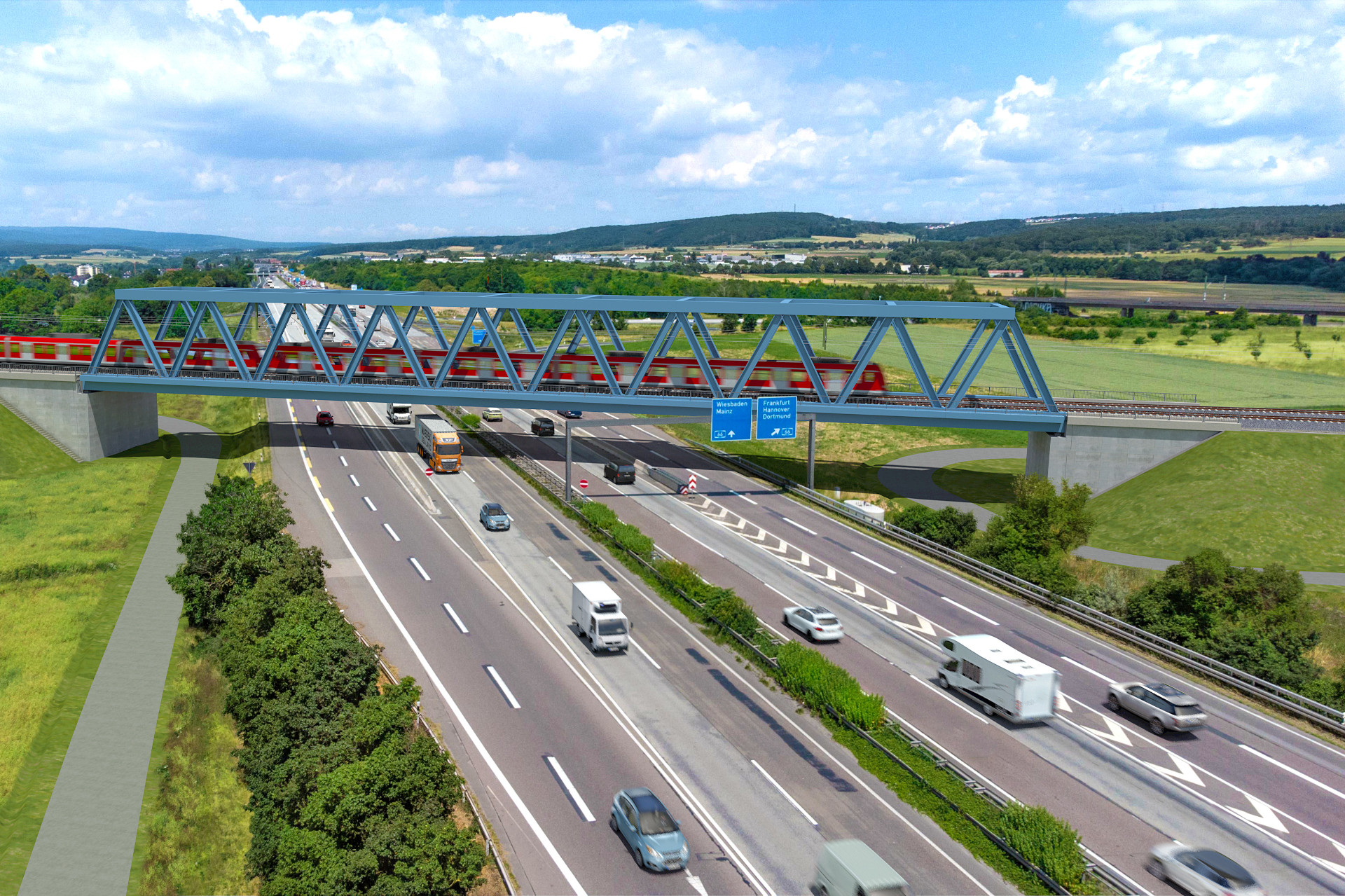 Die A3 wird von einer modernen Eisenbahnbrücke gequert.